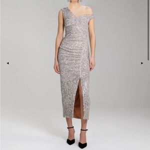 Self-Portrait ruched sequin midi dress with front side slit.